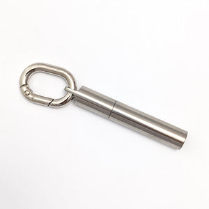 Scrivener's Tools Pen Carabiner in Silver with Tom's Studio Field Mouse pen in Stainless Steel attached via loop-top lid