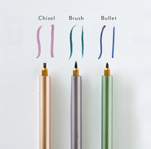 Tom's Studio Lumos pens with Chisel, Brush, and Bullet tips, labelled with line samples showing varied stroke widths
