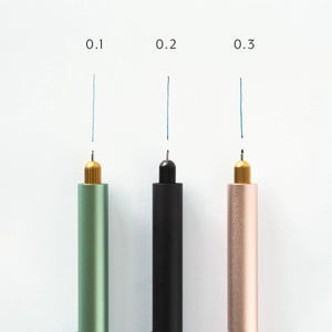Tom's Studio Lumos pens with 0.1, 0.2, and 0.3 Fineliner tips, labelled with drawn line samples showing each thickness