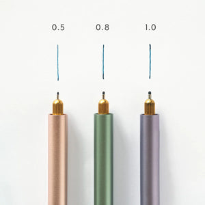 Tom's Studio Lumos pens with 0.5, 0.8, and 1.0 Fineliner tips, labelled with drawn line samples showing each thickness