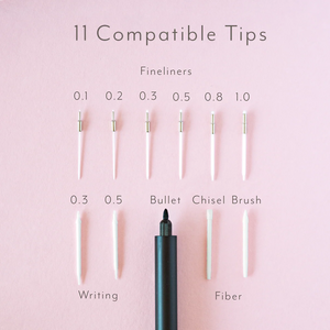 Tom's Studio Lumos Pro: 11 compatible tips – Fineliner 0.1 to 1.0, Writing 0.3 and 0.5, Chisel, Fibre, and Bullet