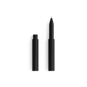 Tom's Studio Wren refillable pen in Black, side view showing capped and uncapped with cap posted