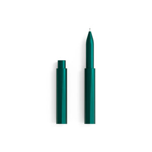 Tom's Studio Wren refillable pen in Ivy (dark green), side view showing capped and uncapped with cap posted