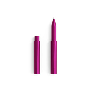 Tom's Studio Wren refillable pen in Raspberry (deep pink), side view showing capped and uncapped with cap posted