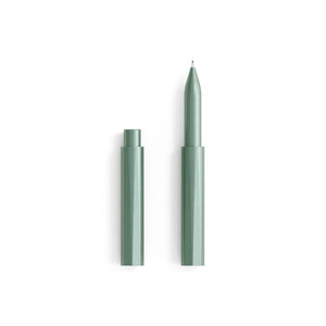Tom's Studio Wren refillable pen in Sage (light green), side view showing capped and uncapped with cap posted