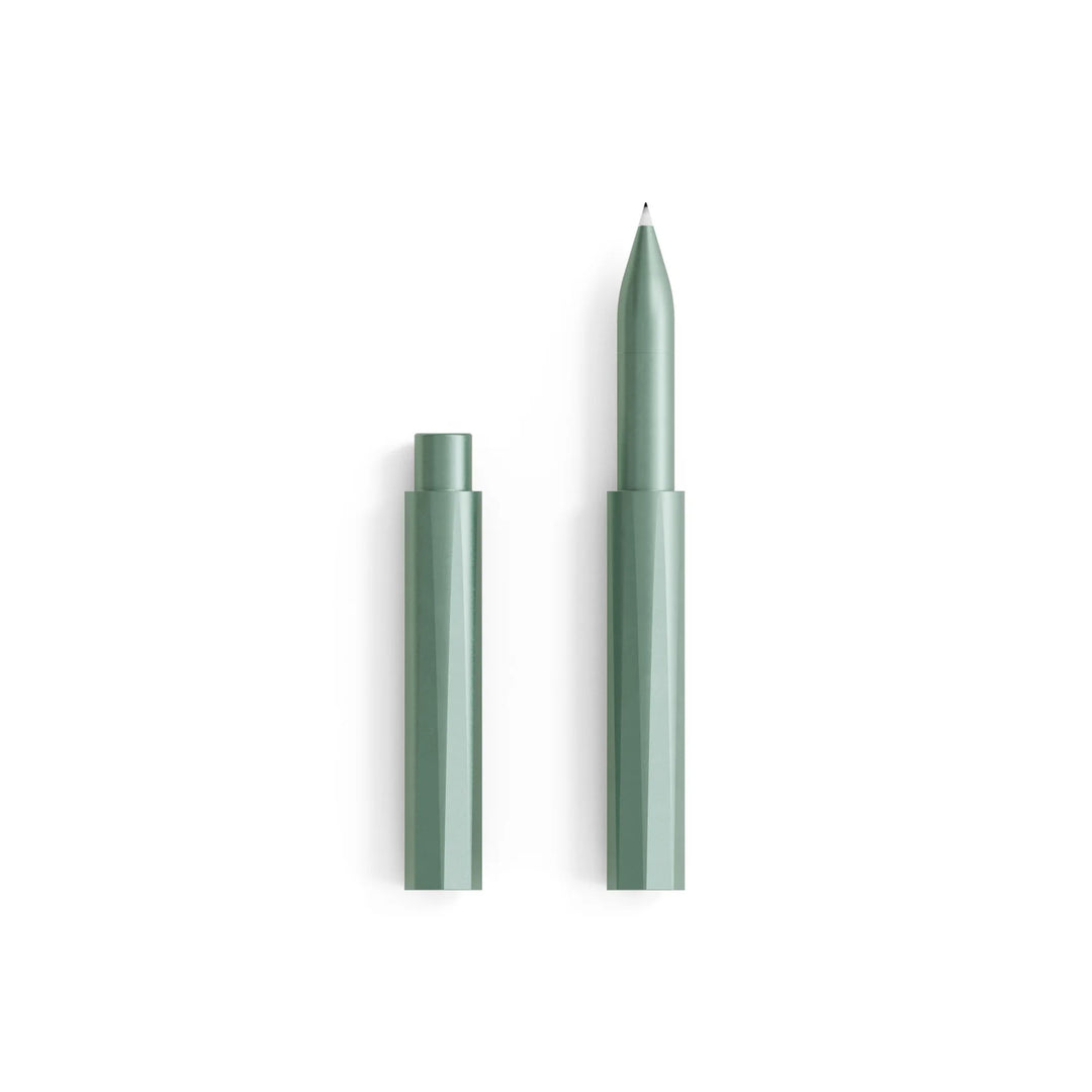 Tom's Studio Wren refillable pen in Sage (light green), side view showing capped and uncapped with cap posted